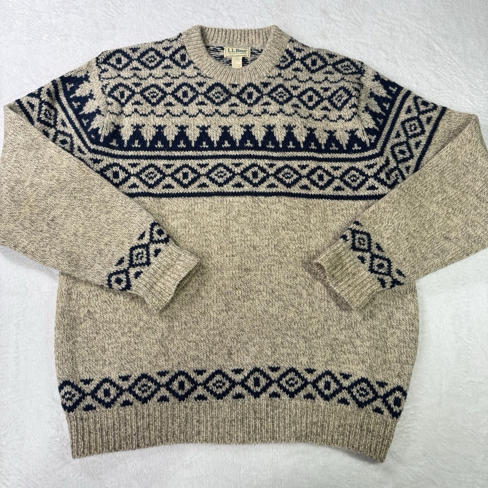 Vintage 80s LL Bean Birdseye Fair Isle Large Wool Knit Sweater Made in USA Blue